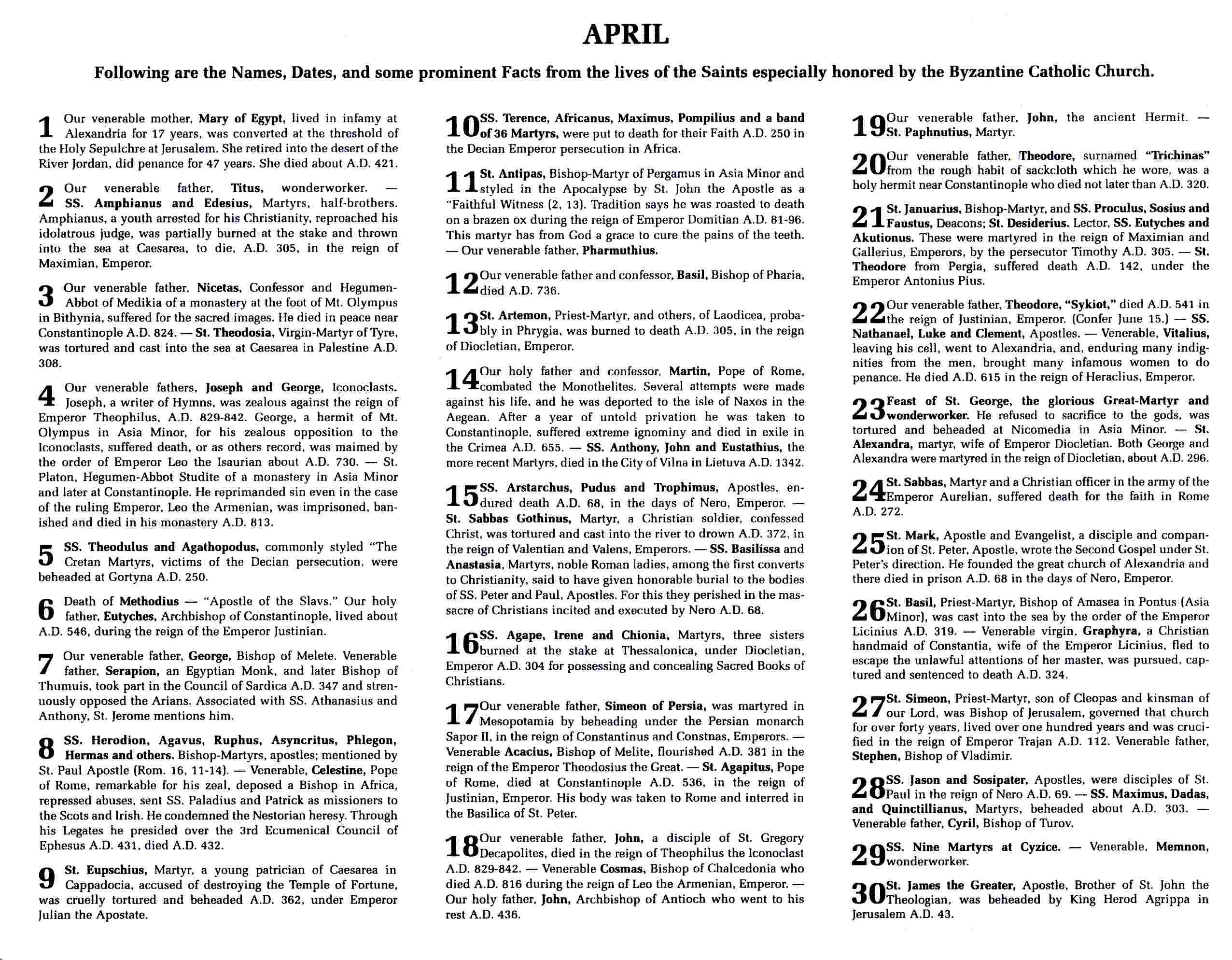 Info about the Saints of the month