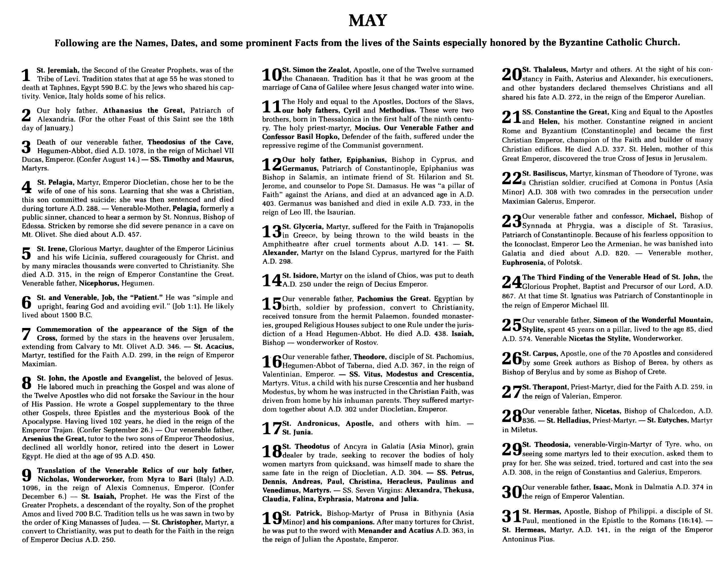Info about the Saints of the month