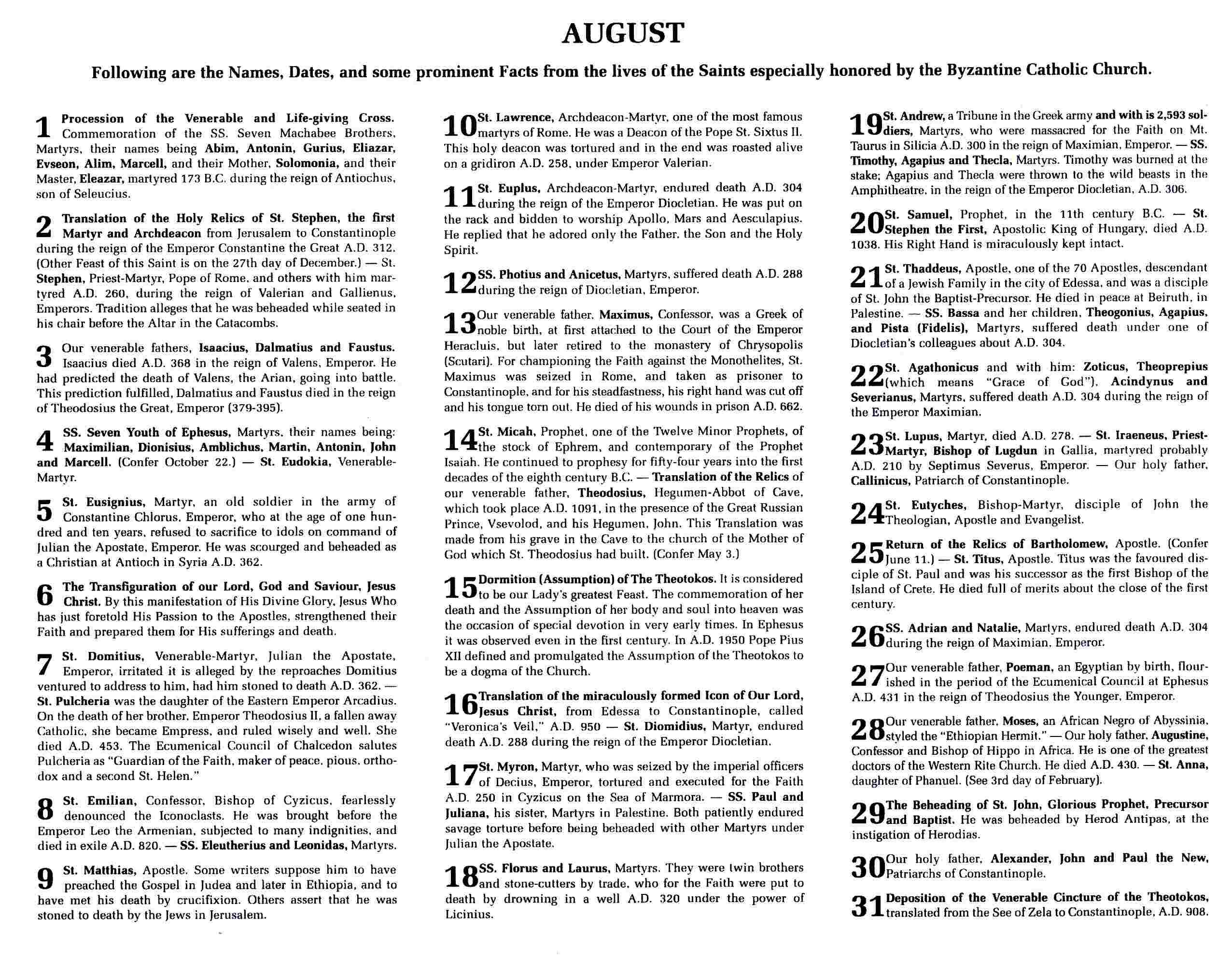 Info about the Saints of the month